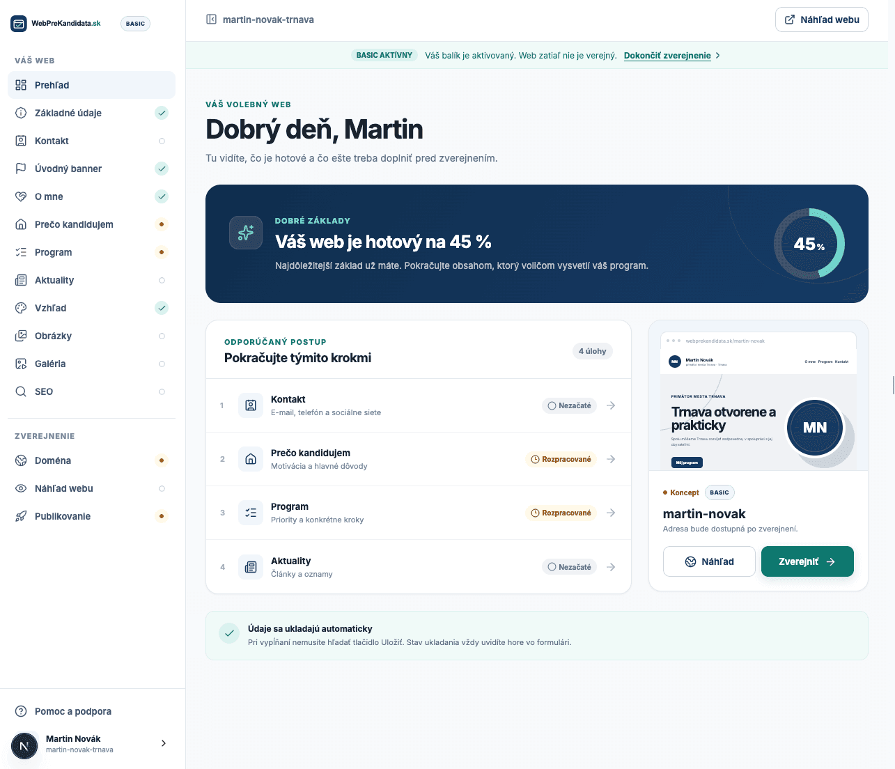 Ukážka volebného webu kandidáta na primátora v editore WebPreKandidata.sk
