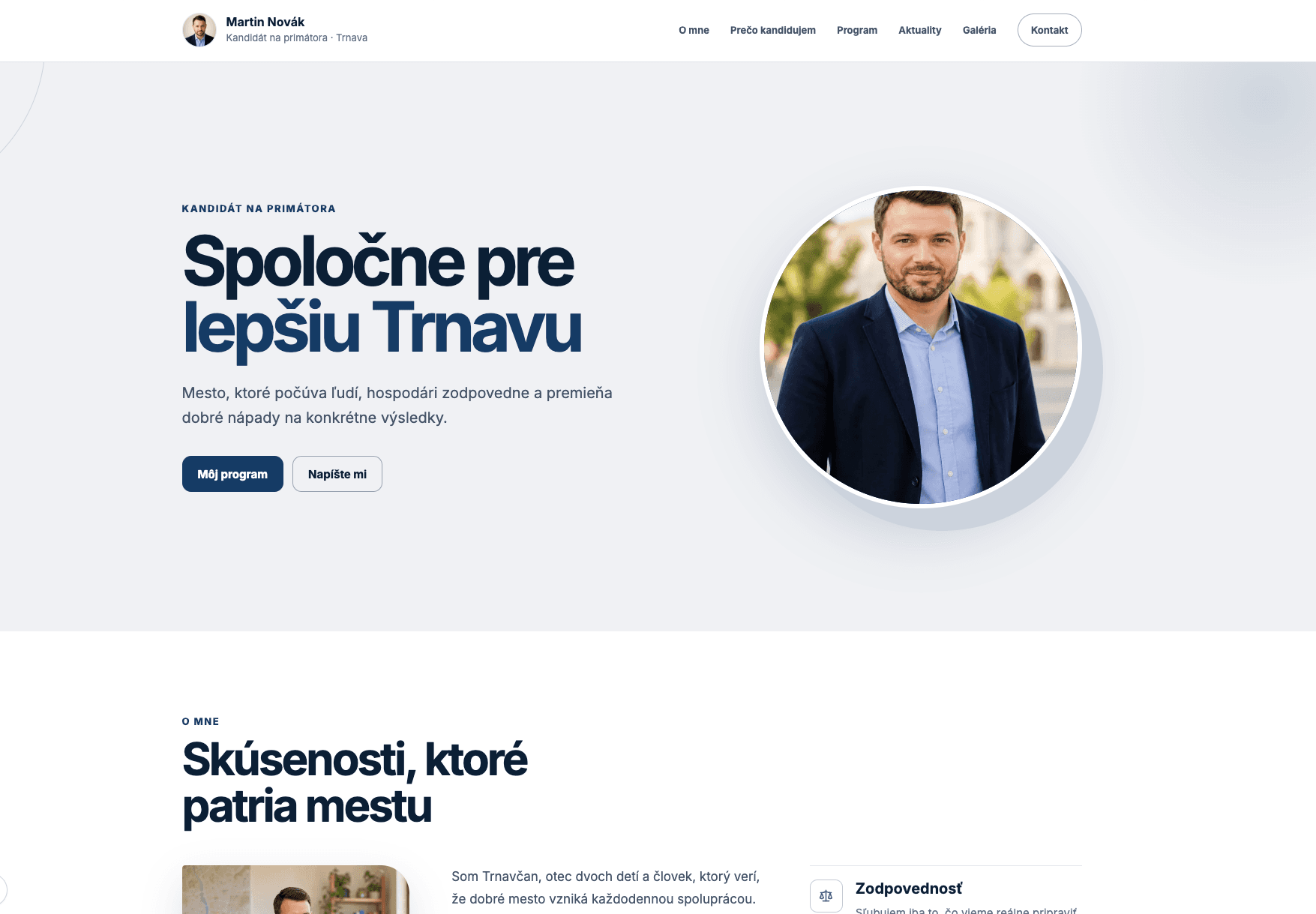 Desktopová verzia volebného webu kandidáta Martina Nováka