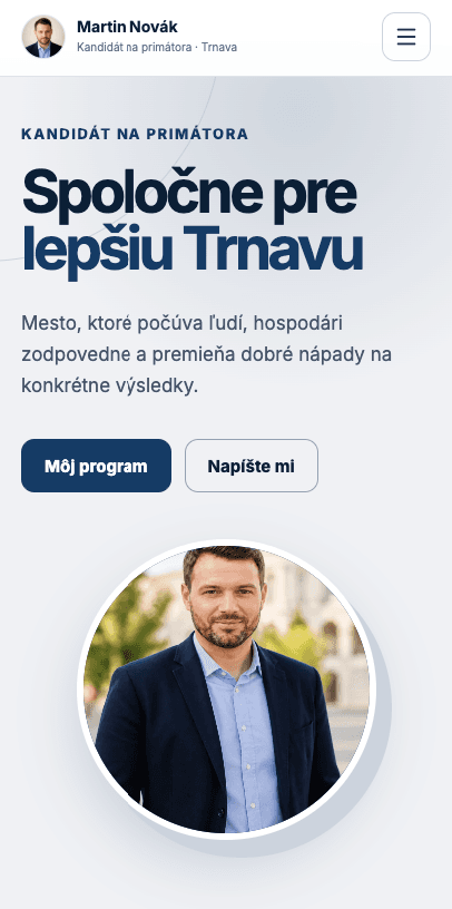 Mobilná verzia toho istého volebného webu kandidáta Martina Nováka