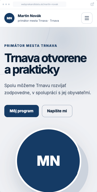 Mobilný náhľad webu kandidáta Martina Nováka