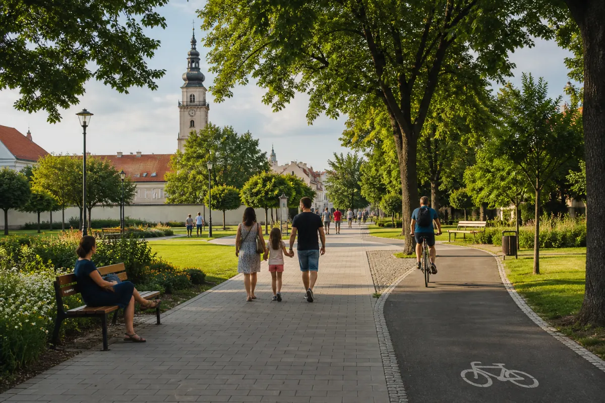 Rodiny a cyklisti v zelenom mestskom parku