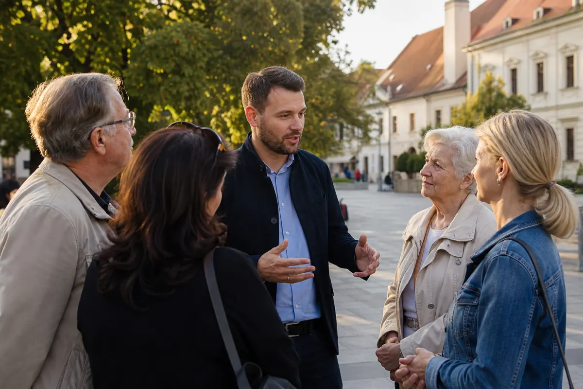 Martin Novák diskutuje s obyvateľmi na námestí